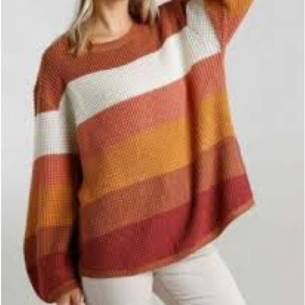 Orange and White Crew Neck Sweater with Stripes